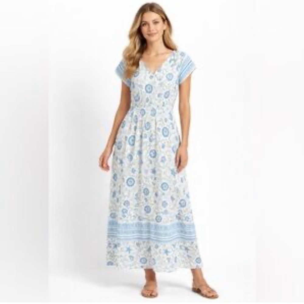 Laura Ashley Blue &White Sea Coastal Themed Maxi Dress w/pockets  Size S NWT